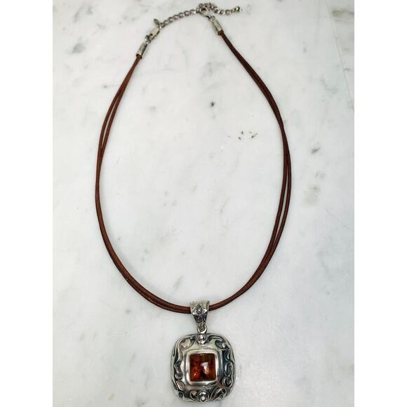 Silpada 925 Amber Square Pendant Necklace 16-19" Brown Double Leather S0908 EUC - Picture 1 of 10